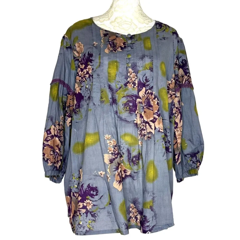 World Market Boho Pleated Crochet Trim Swing Top Blouse Floral S M